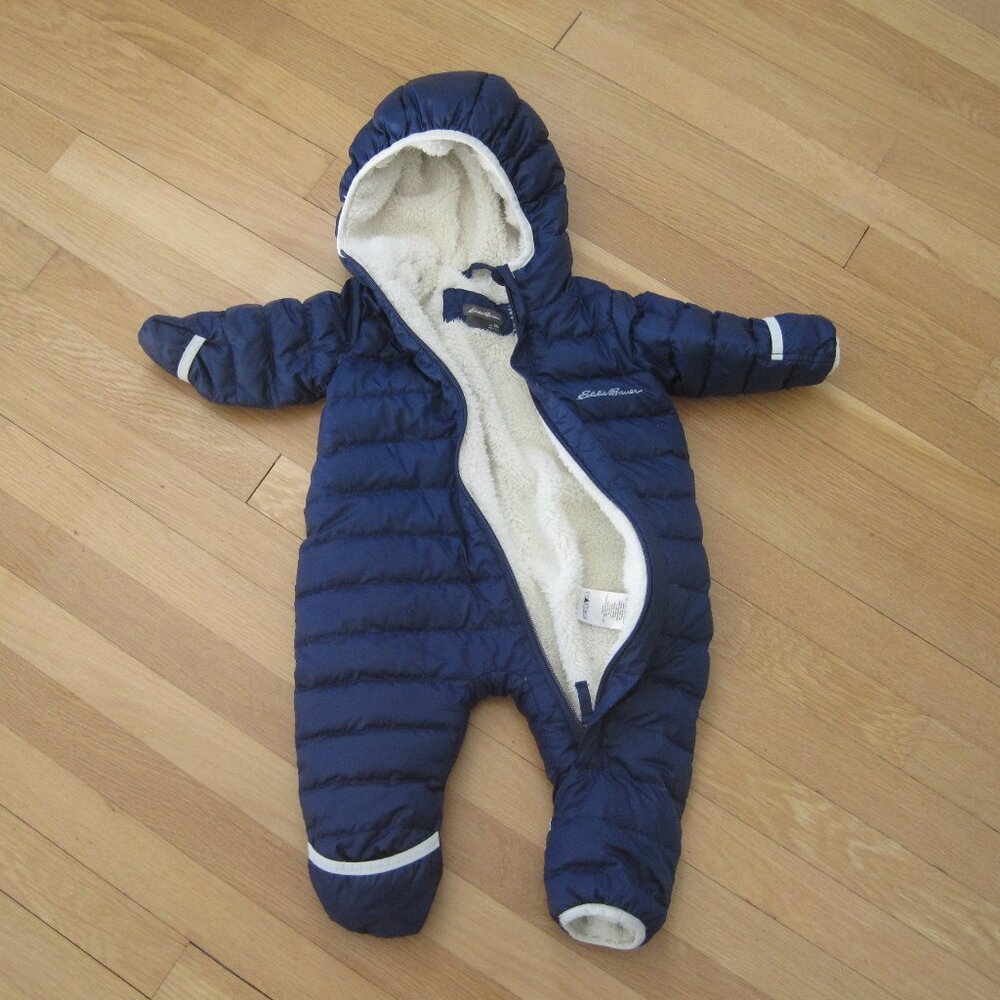 Eddie Bauer Navy Hooded Infant Snowsuit 6M Winter Bunting Down Insulation - Picture 2 of 9